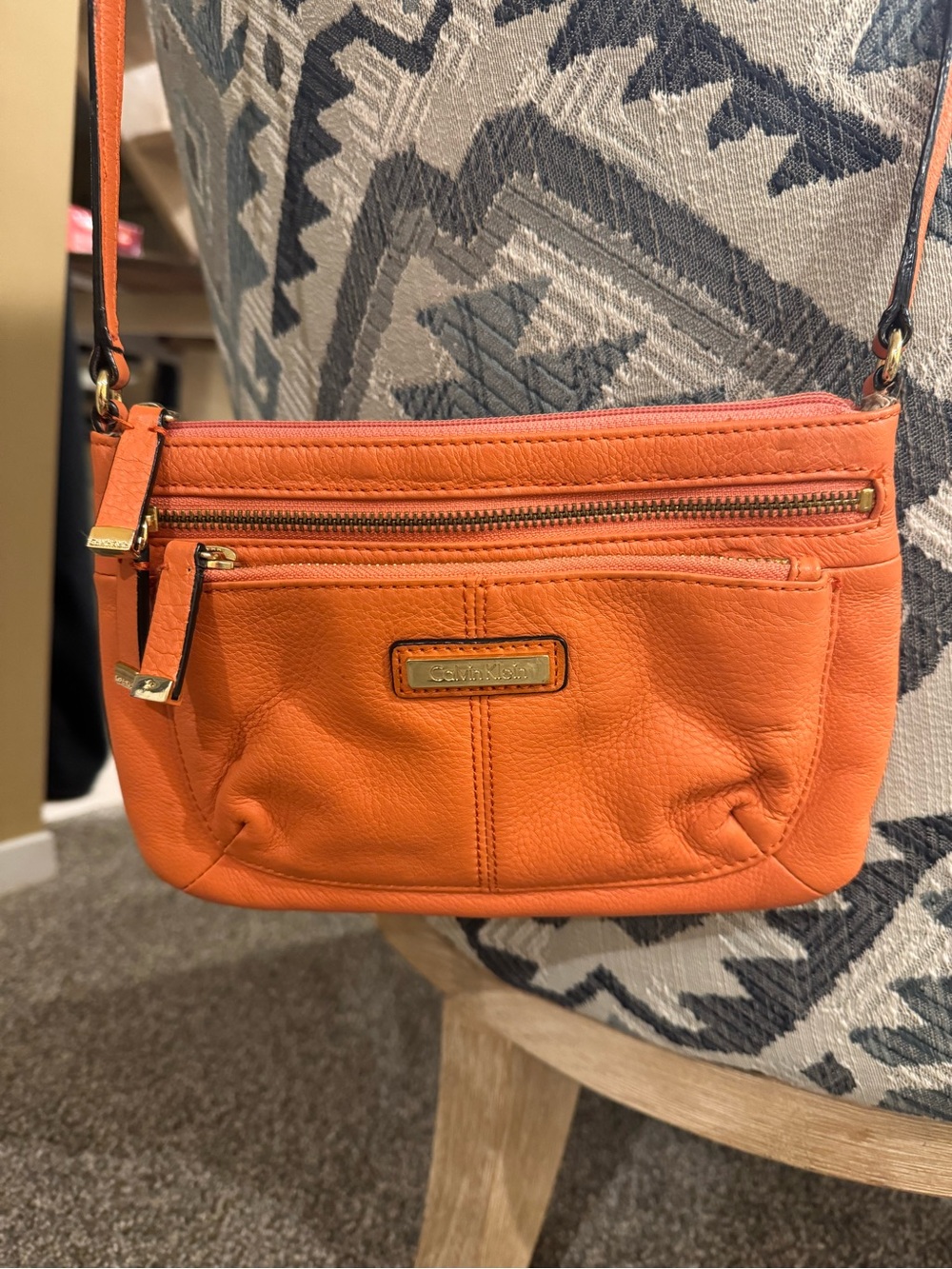 Calvin Klein Faux Pebbled Red/Orange Leather Crossbody Bag Adjustable Straps